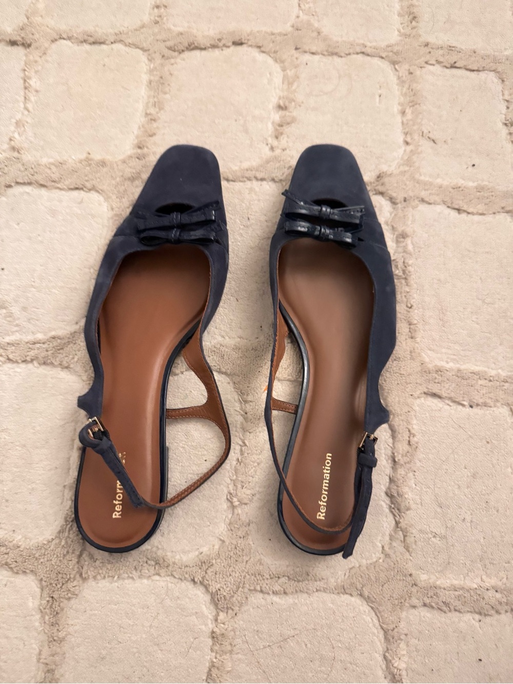 Reformation Navy Bow Slingback Flats